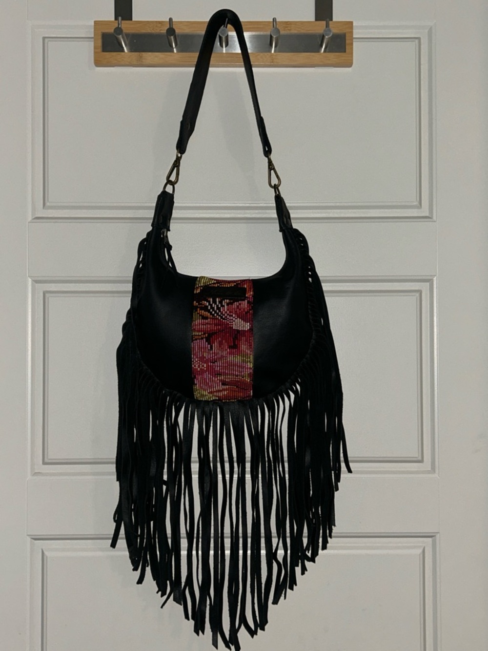 Nena and Co. black leather saddle bag long fringe hobo black
